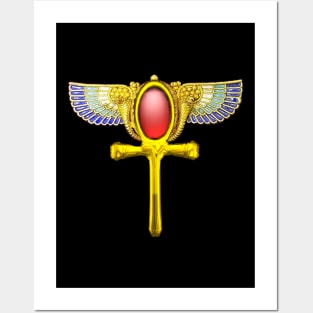 RED TALISMAN Gold Ankh with Wings and Cornucopia Egyptian Eternal Life Symbol Posters and Art